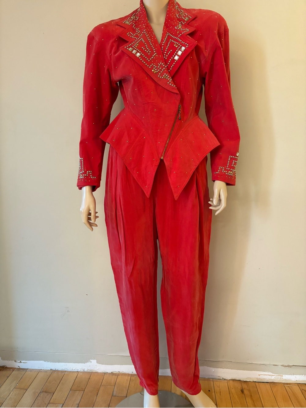 VTG 80s Caché Studded Rhinestone Pants Suit Set 2pc Power Shoulder VTG Sz 10.